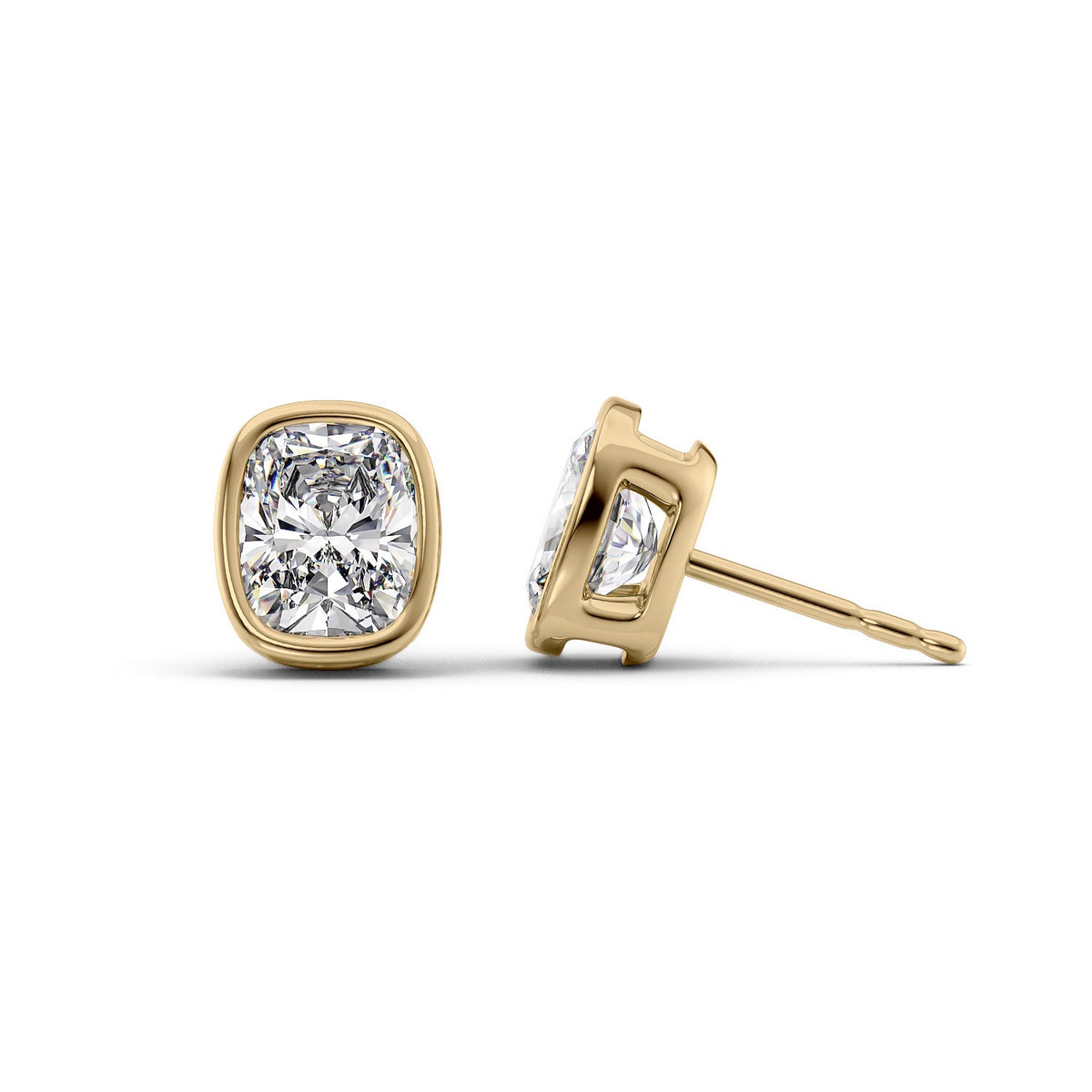 Bezel Stud Earrings Set With Elongated Cushion Lab Diamonds. A Yellow Gold Diamond Stud Earrings Set With A 5ct Elongated Cushion Lab Diamond. White Background.