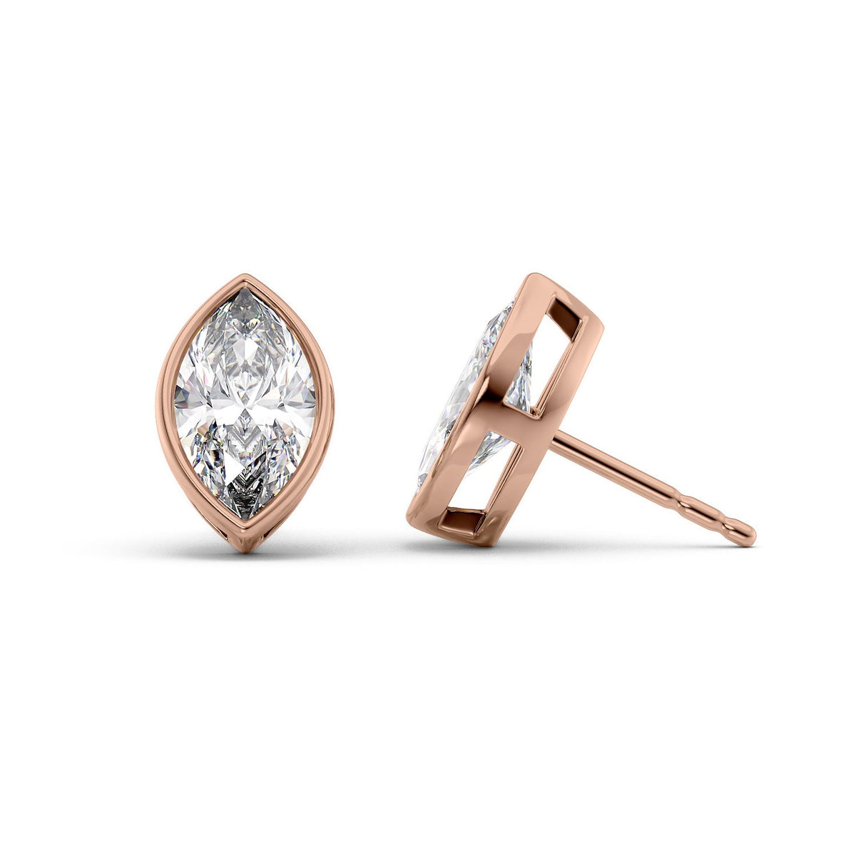 Bezel Stud Earrings Set With Marquise Lab Diamonds. A Rose Gold Diamond Stud Earrings Set With A 5ct Marquise Lab Diamond. White Background.