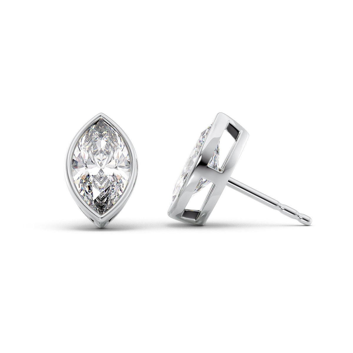 Bezel Stud Earrings Set With Marquise Lab Diamonds. A White Gold Diamond Stud Earrings Set With A 3ct Marquise Lab Diamond. White Background.