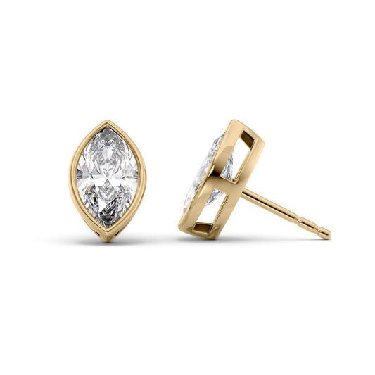 Bezel Stud Earrings Set With Marquise Lab Diamonds. A Yellow Gold Diamond Stud Earrings Set With A 1ct Marquise Lab Diamond. White Background.