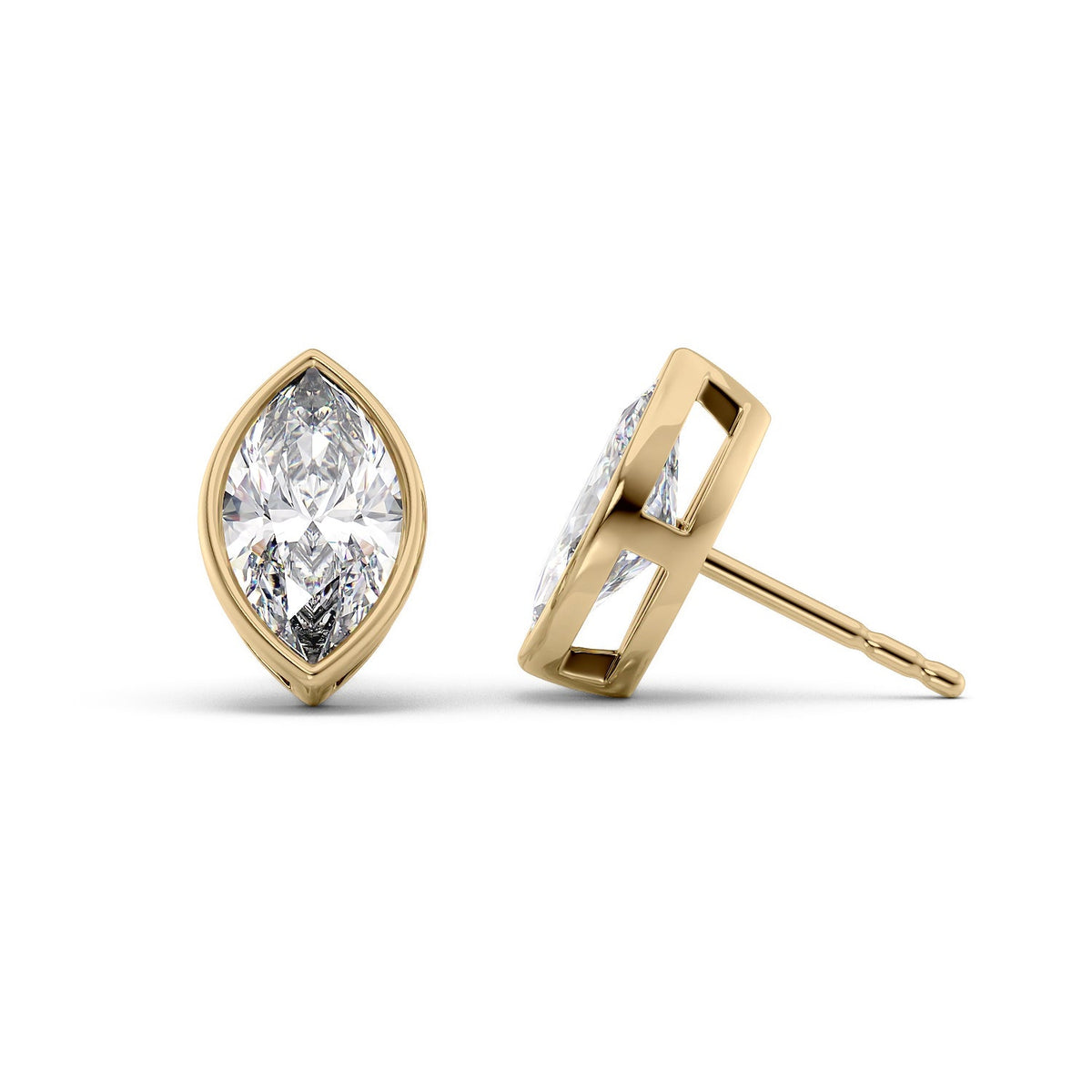 Bezel Stud Earrings Set With Marquise Lab Diamonds. A Yellow Gold Diamond Stud Earrings Set With A 5ct Marquise Lab Diamond. White Background.