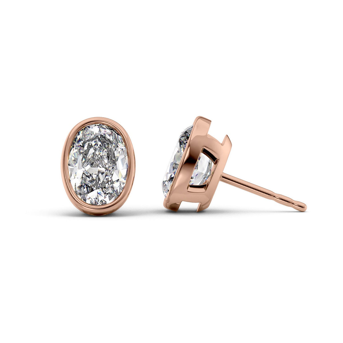 Bezel Stud Earrings Set With Oval Lab Diamonds. A Rose Gold Diamond Stud Earrings Set With A 4ct Oval Lab Diamond. White Background.