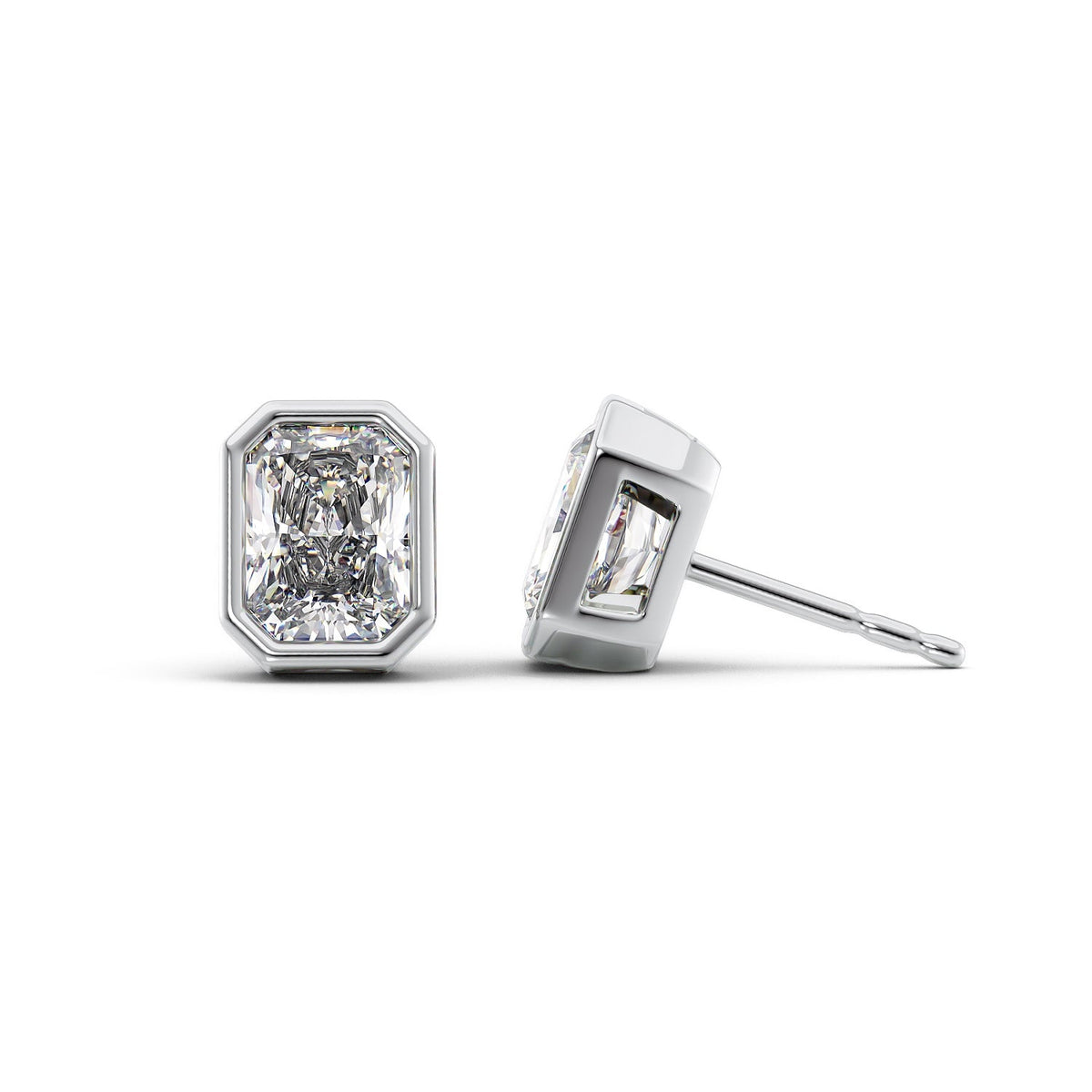 Bezel Stud Earrings Set With Radiant Lab Diamonds. A White Gold Diamond Stud Earrings Set With A 2ct Radiant Lab Diamond. White Background.