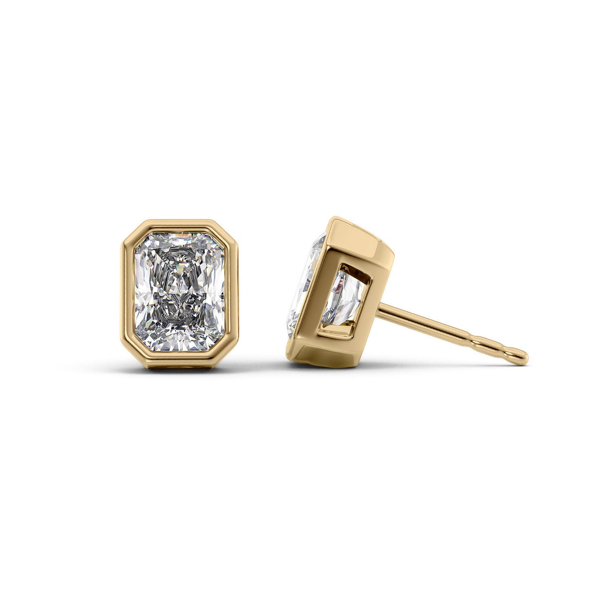 Bezel Stud Earrings Set With Radiant Lab Diamonds. A Yellow Gold Diamond Stud Earrings Set With A 3ct Radiant Lab Diamond. White Background.
