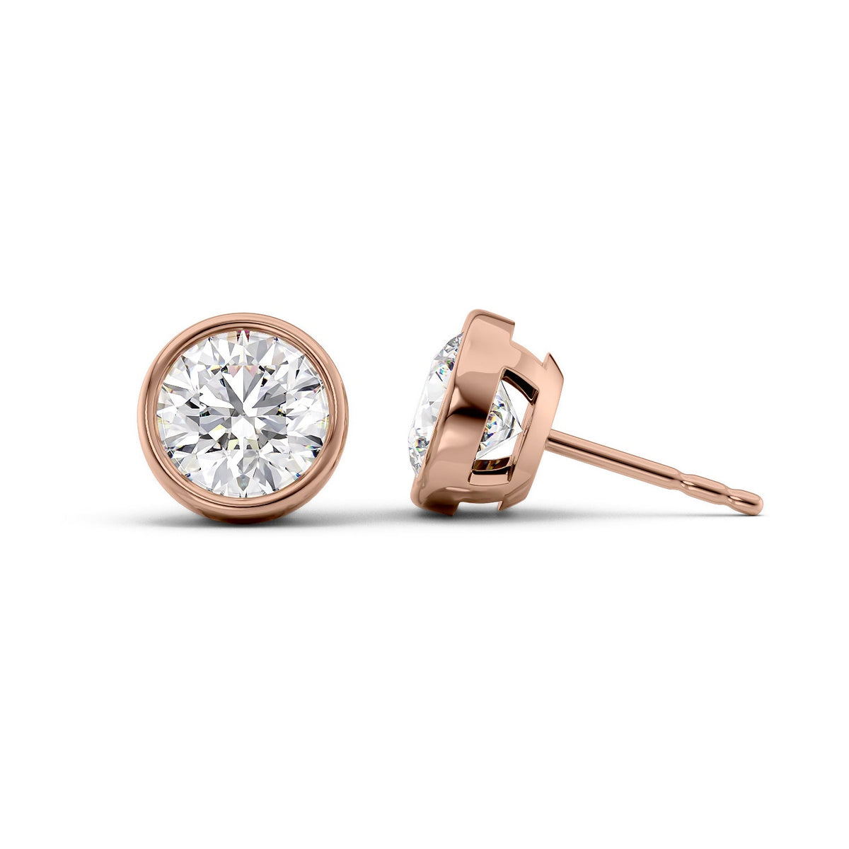 Bezel Stud Earrings Set With Round Lab Diamonds. A Rose Gold Diamond Stud Earrings Set With 3tcw Round Lab Diamonds (1.5ct Each). White Background.