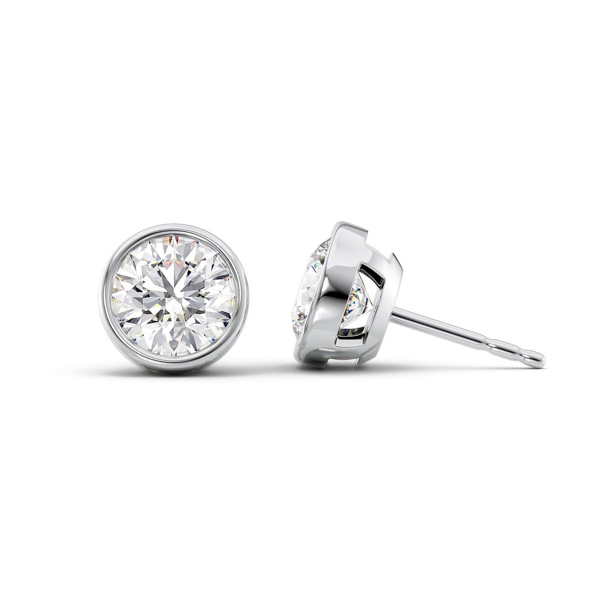 Bezel Stud Earrings Set With Round Lab Diamonds. A White Gold Diamond Stud Earrings Set With 3tcw Round Lab Diamonds (1.5ct Each). White Background.