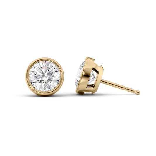 Bezel Stud Earrings Set With Round Lab Diamonds. A Yellow Gold Diamond Stud Earrings Set With A 1ct Round Lab Diamond. White Background.