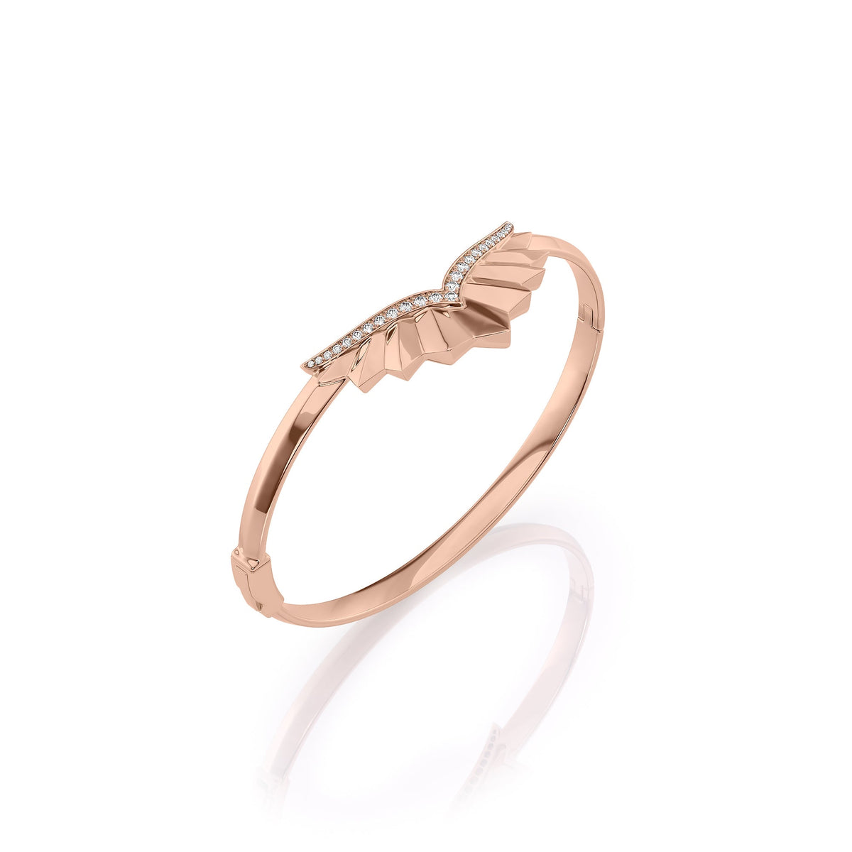 Born To Fly Bangle. A Rose Gold Designer Bangle Bracelet Set With 0.3tcw Round Lab Grown Diamonds. White Background.