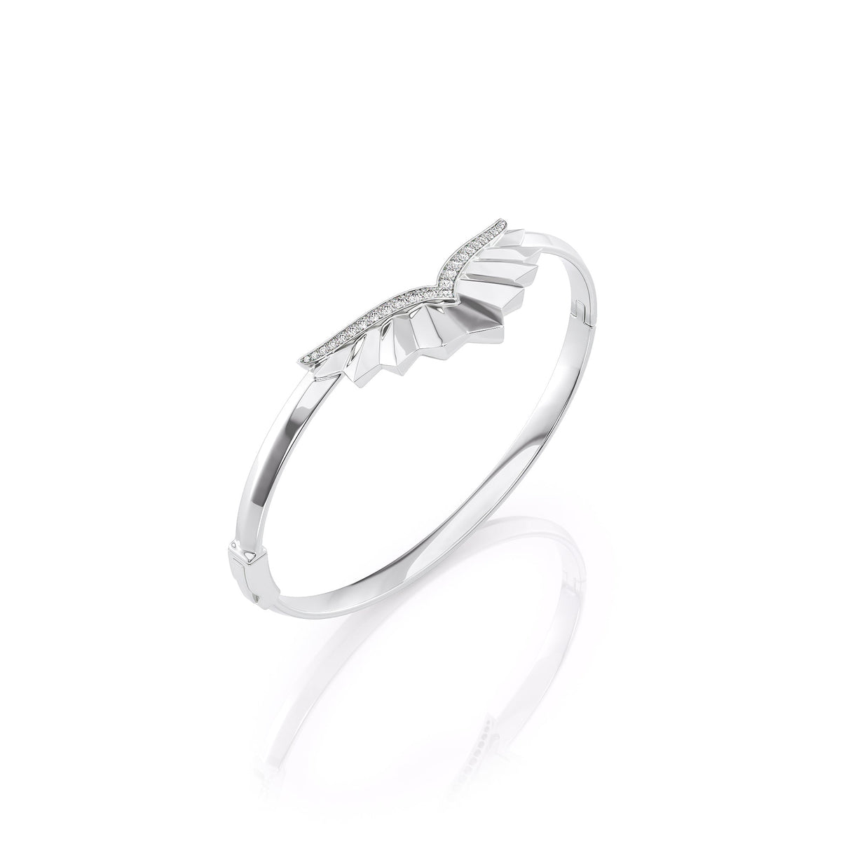 Born To Fly Bangle. A White Gold Designer Bangle Bracelet Set With 0.3tcw Round Lab Grown Diamonds. White Background.