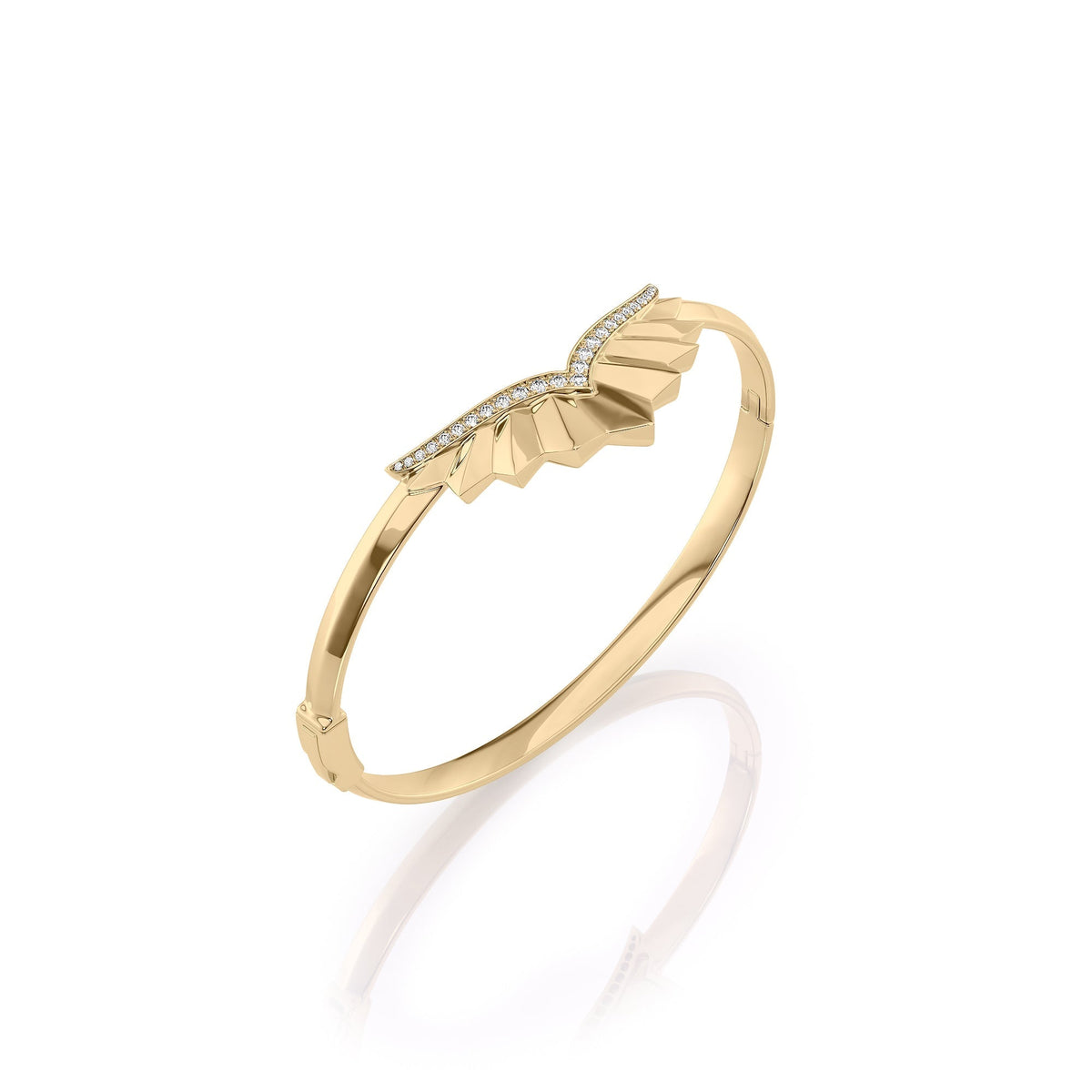 Born To Fly Bangle. A Yellow Gold Designer Bangle Bracelet Set With 0.3tcw Round Lab Grown Diamonds. White Background.
