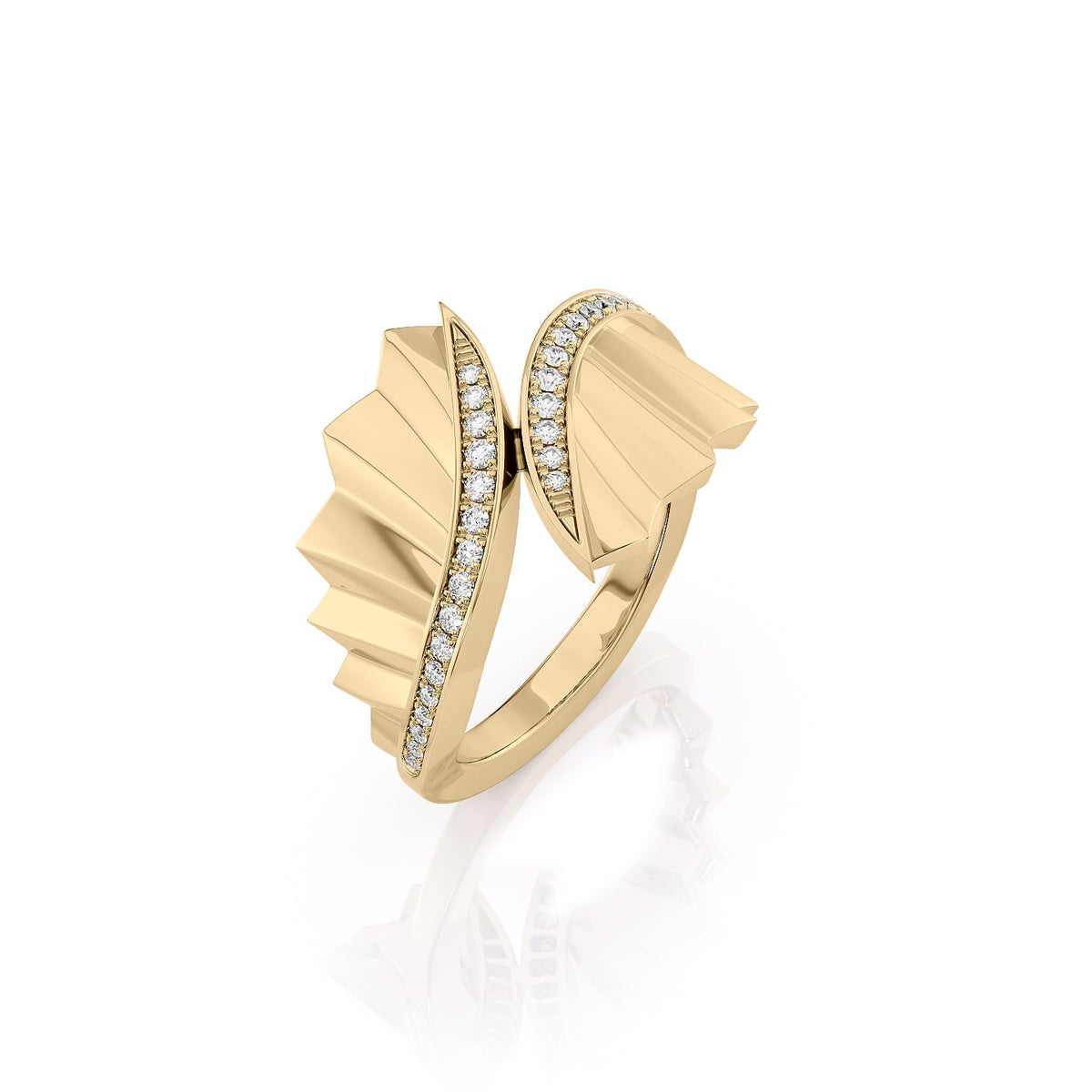 Born To Fly Bypass Ring. A Yellow Gold Designer Bypass Ring Set With 0.15tcw Round Lab Grown Diamonds. White Background.