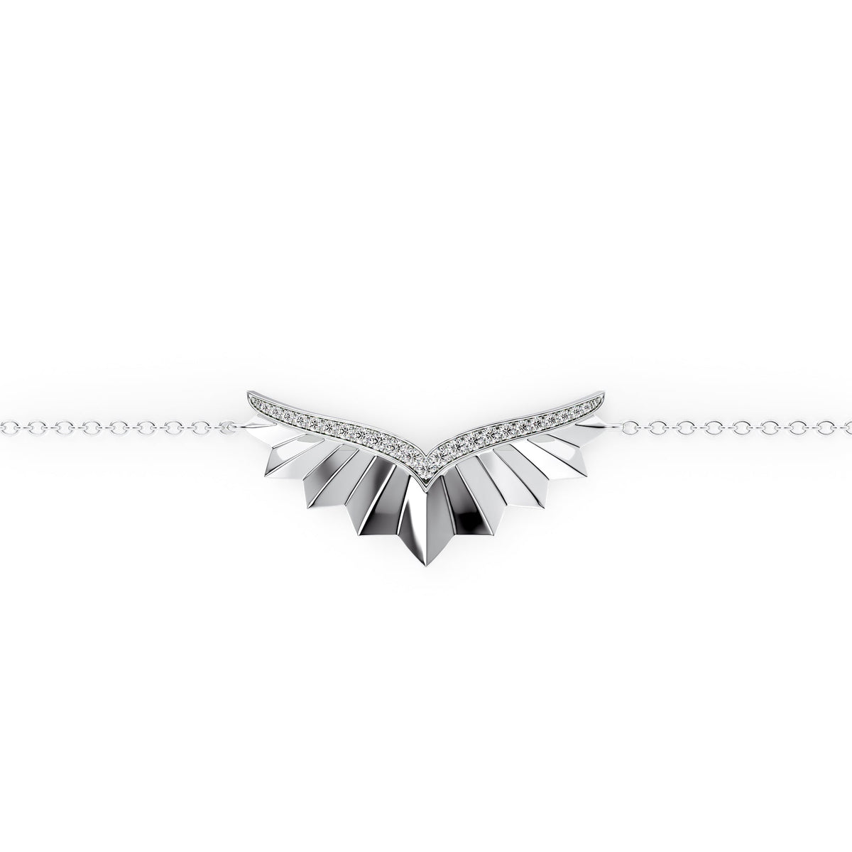 Born To Fly Chain Bracelet. A White Gold Designer Chain Bracelet Set With 0.2tcw Round Lab Grown Diamonds. White Background.