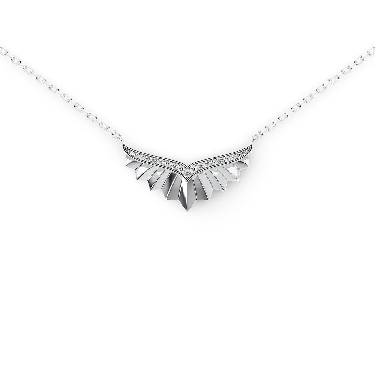 Born To Fly Necklace. A White Gold Designer Pendant Set With 0.1tcw Round Lab Grown Diamonds. White Background.