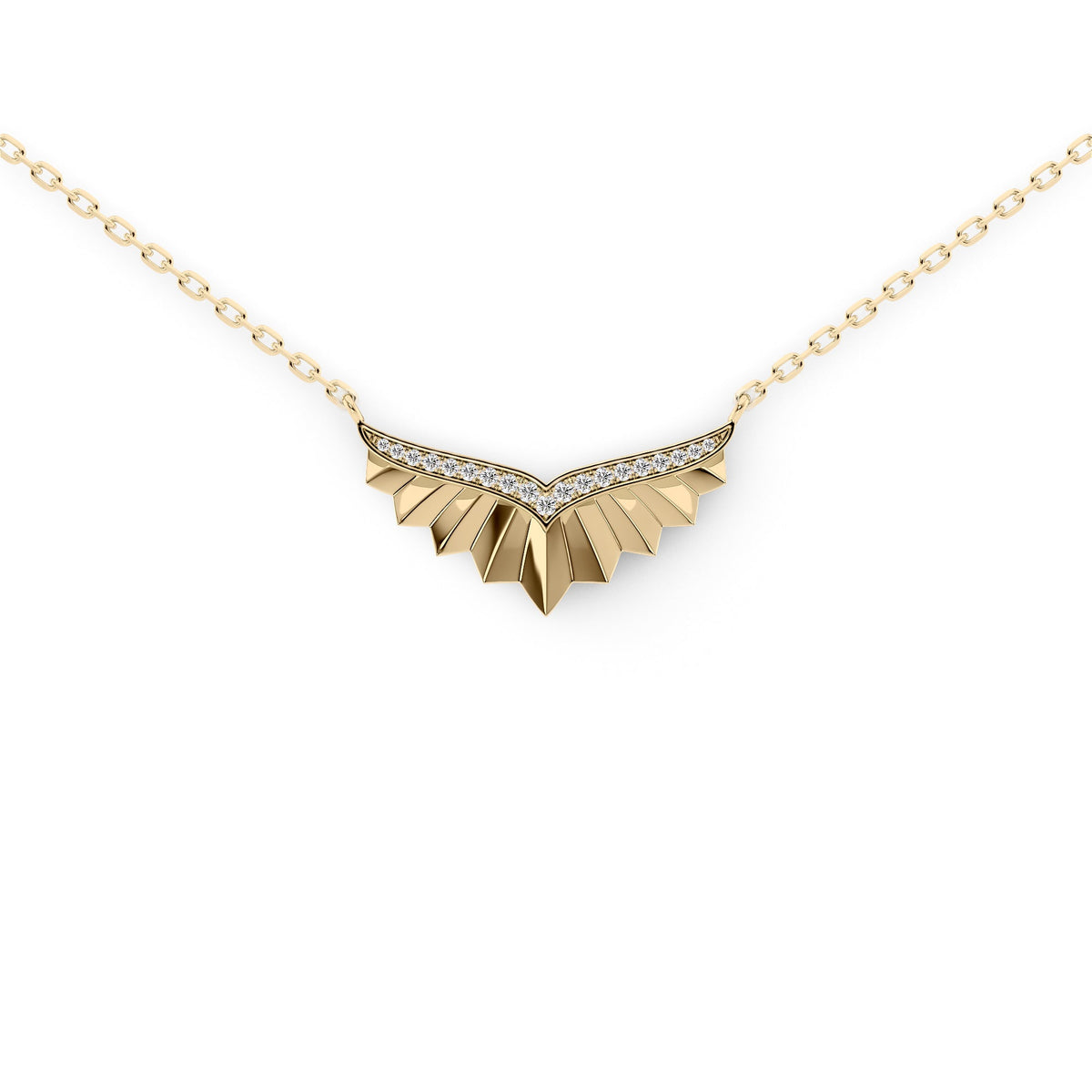Born To Fly Necklace. A Yellow Gold Designer Pendant Set With 0.1tcw Round Lab Grown Diamonds. White Background.