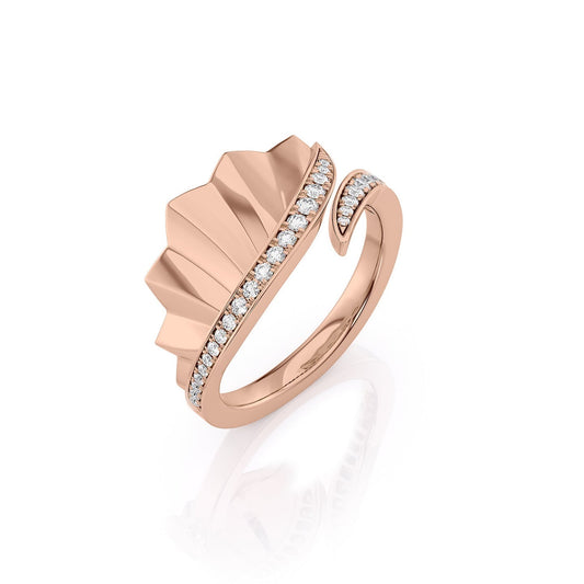 Born To Fly Ring. A Rose Gold Designer Bypass Ring Set With 0.2tcw Round Lab Grown Diamonds. White Background.