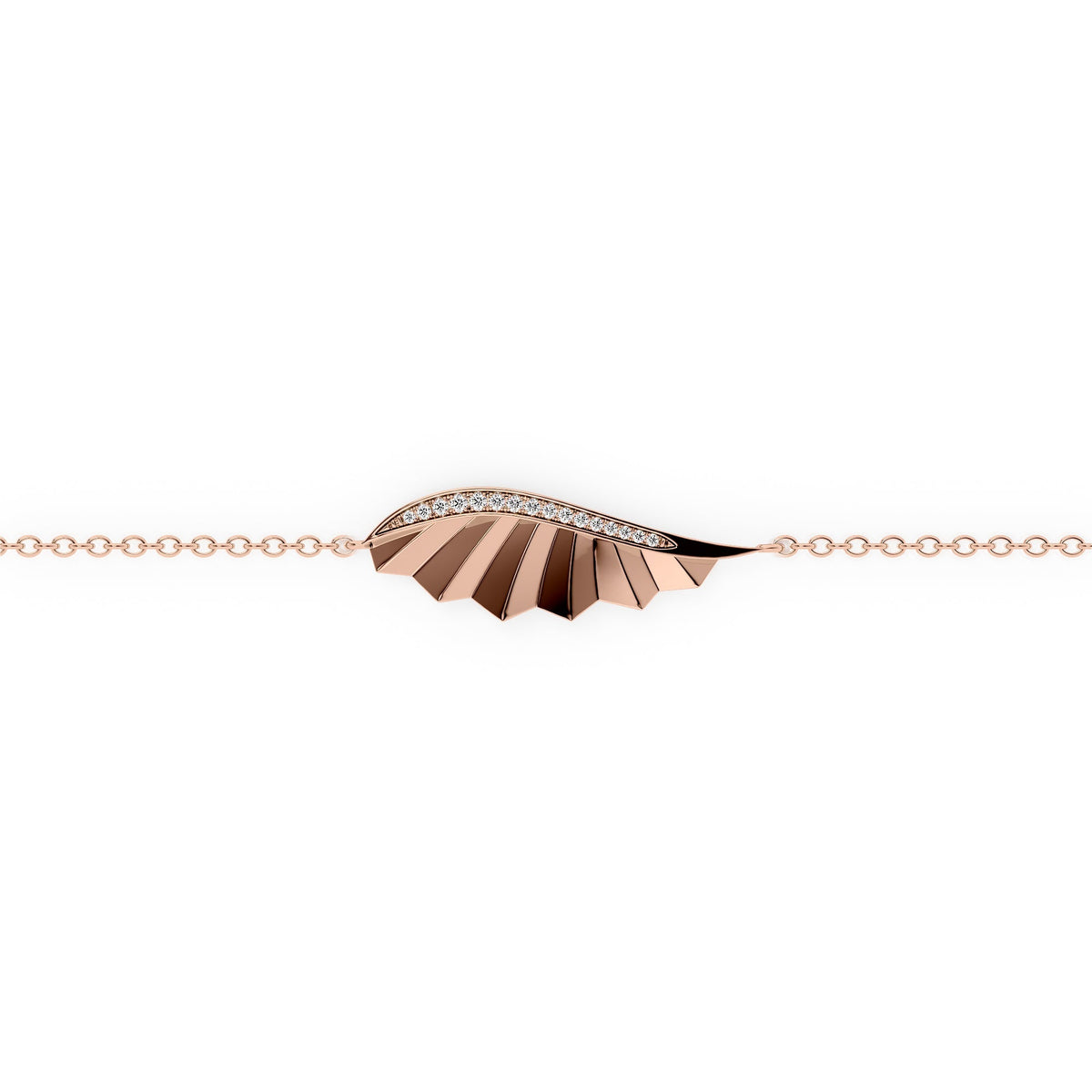 Born To Fly Wing Chain Bracelet. A Rose Gold Designer Chain Bracelet Set With 0.05tcw Round Lab Grown Diamonds. White Background.