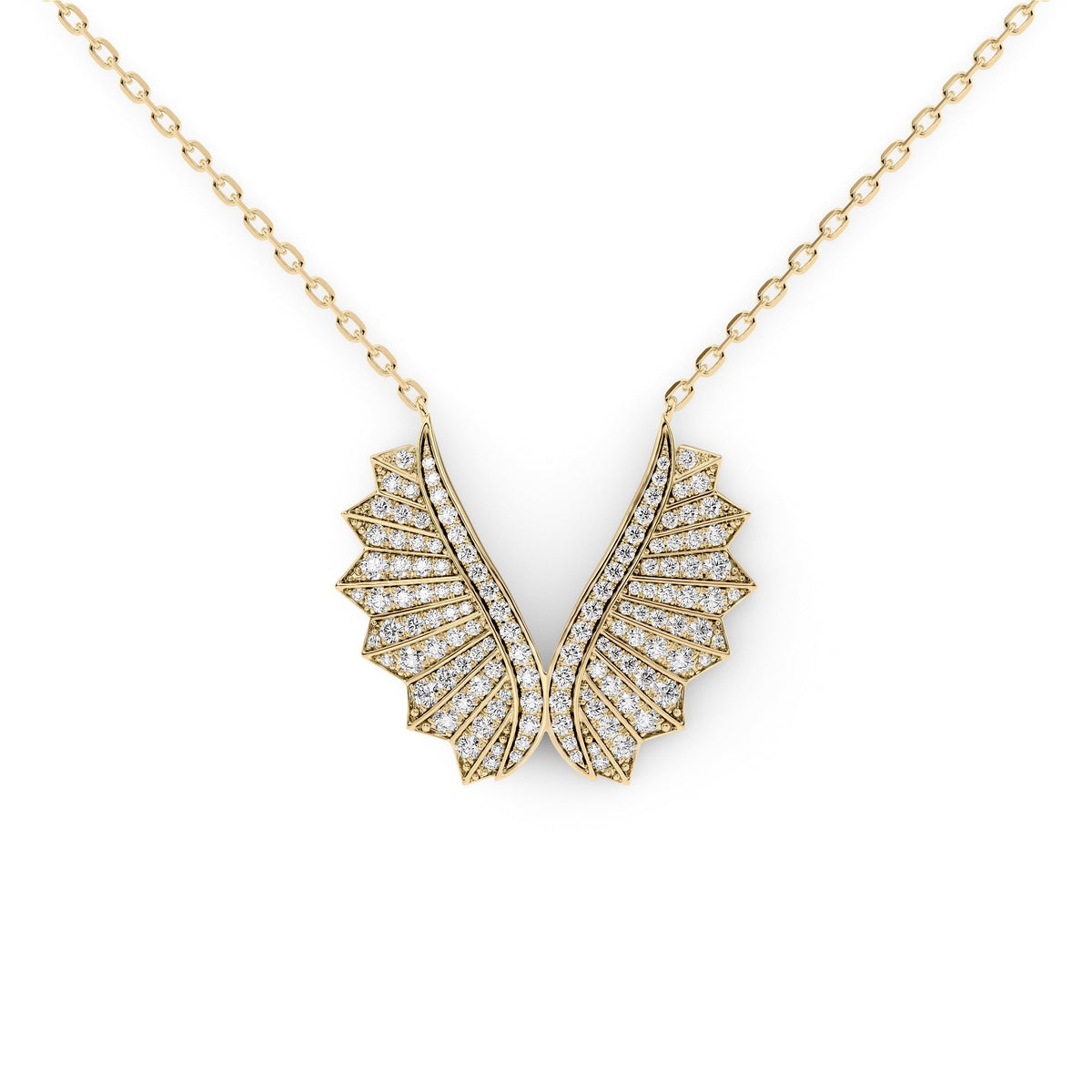 Born To Fly Wings Pave Necklace. A Yellow Gold Designer Pendant Set With 1.25tcw Round Lab Grown Diamonds. White Background.