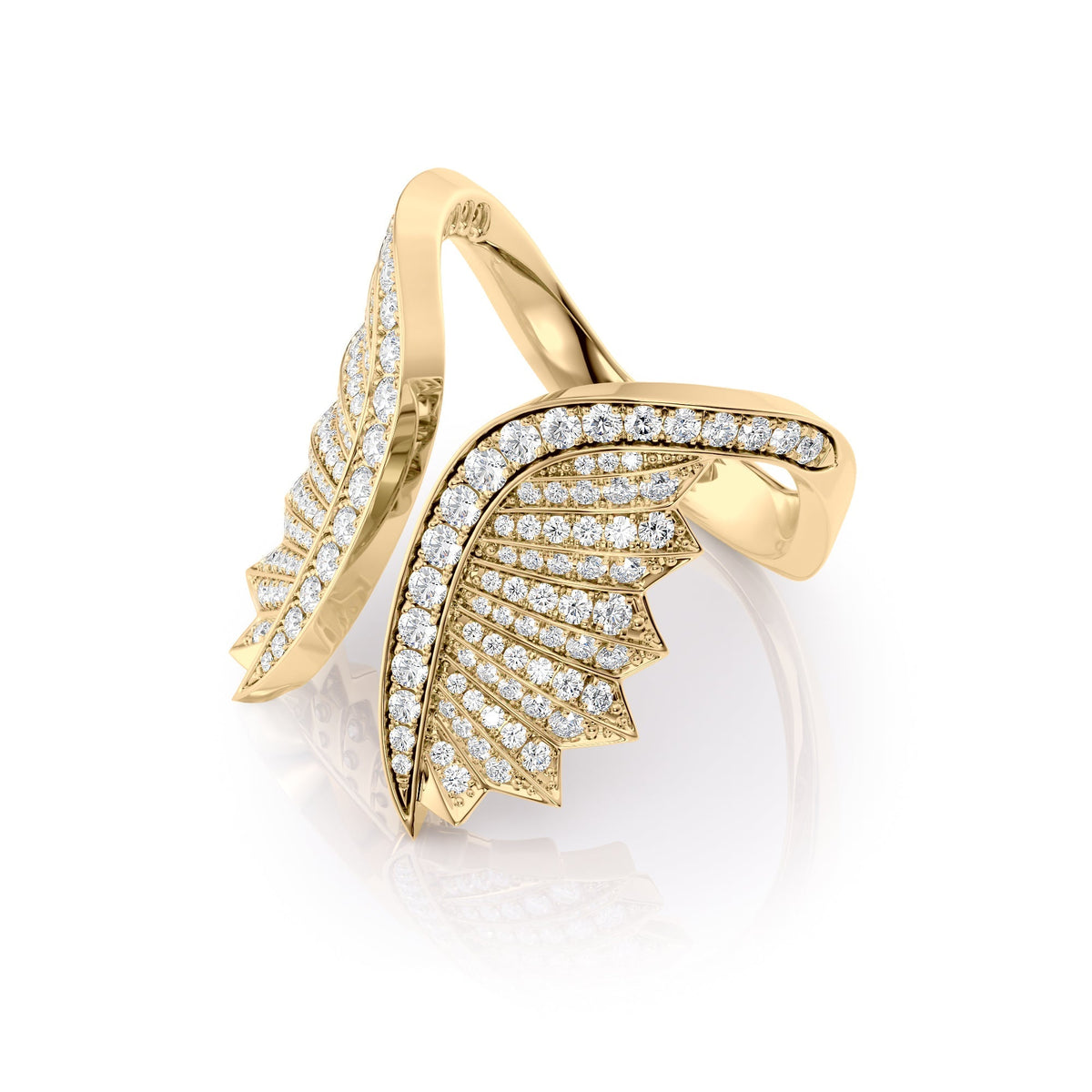 Born To Fly Wings Pave Ring. A Yellow Gold Designer Open Ring Set With 1.15tcw Round Lab Grown Diamonds. White Background.
