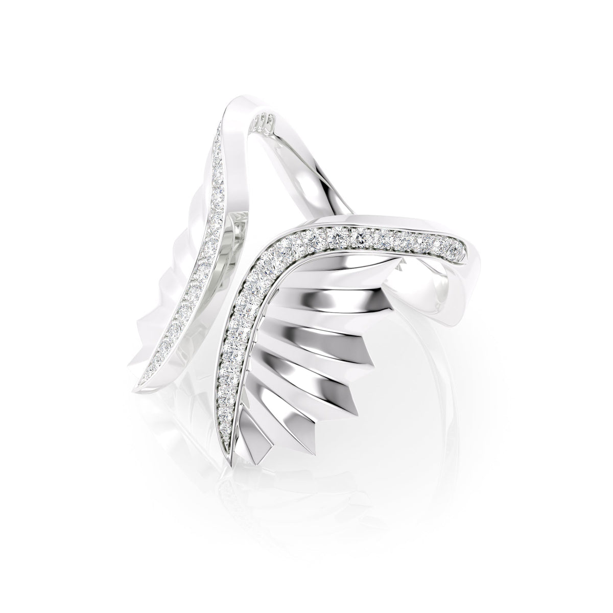 Born To Fly Wings Ring. A White Gold Designer Open Ring Set With 0.5tcw Round Lab Grown Diamonds. White Background.
