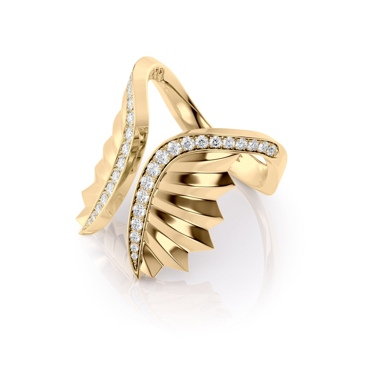 Born To Fly Wings Ring. A Yellow Gold Designer Open Ring Set With 0.5tcw Round Lab Grown Diamonds. White Background.