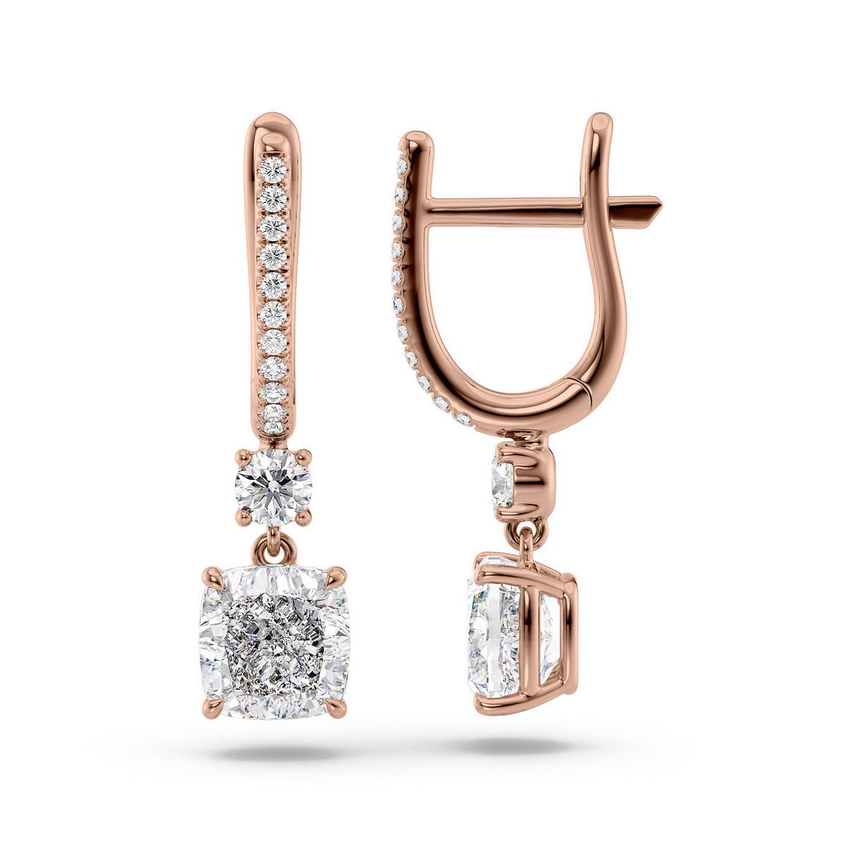 Diamond Drop Earrings Set With Cushion Lab Diamonds. A Rose Gold Diamond Drop Earrings Set With A 5ct Cushion Lab Diamond. White Background.
