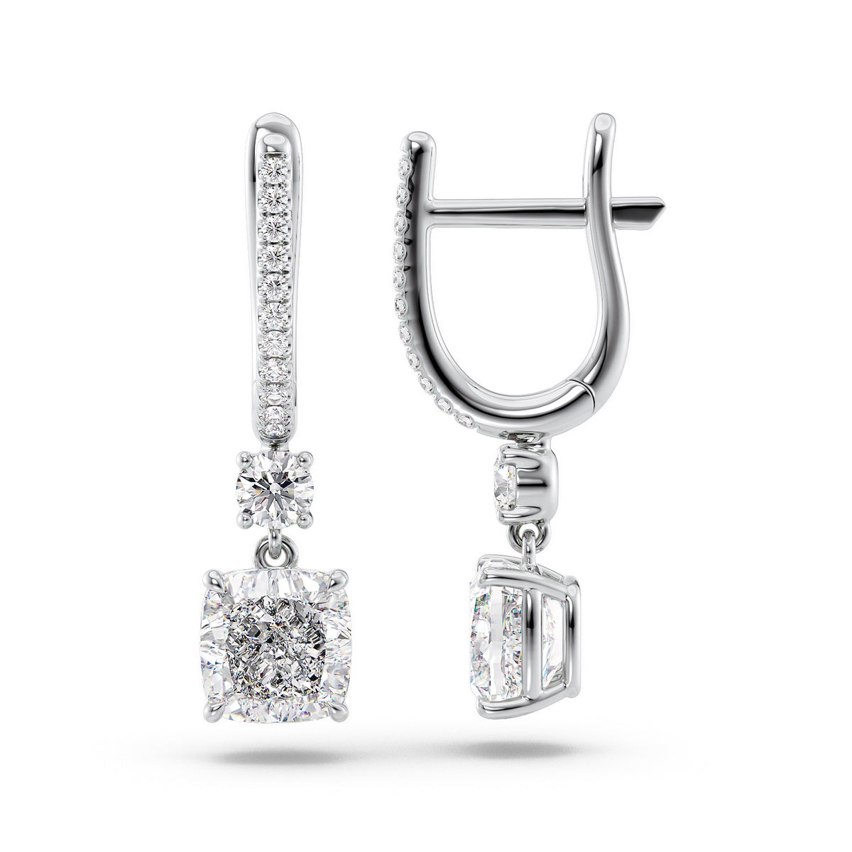 Diamond Drop Earrings Set With Cushion Lab Diamonds. A White Gold Diamond Drop Earrings Set With A 4ct Cushion Lab Diamond. White Background.