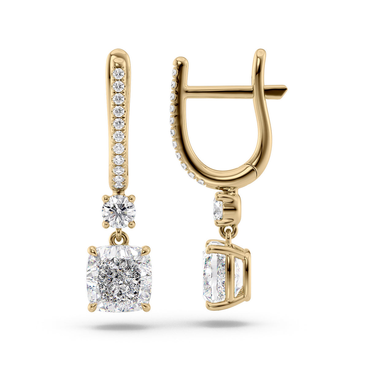 Diamond Drop Earrings Set With Cushion Lab Diamonds. A Yellow Gold Diamond Drop Earrings Set With A 4ct Cushion Lab Diamond. White Background.