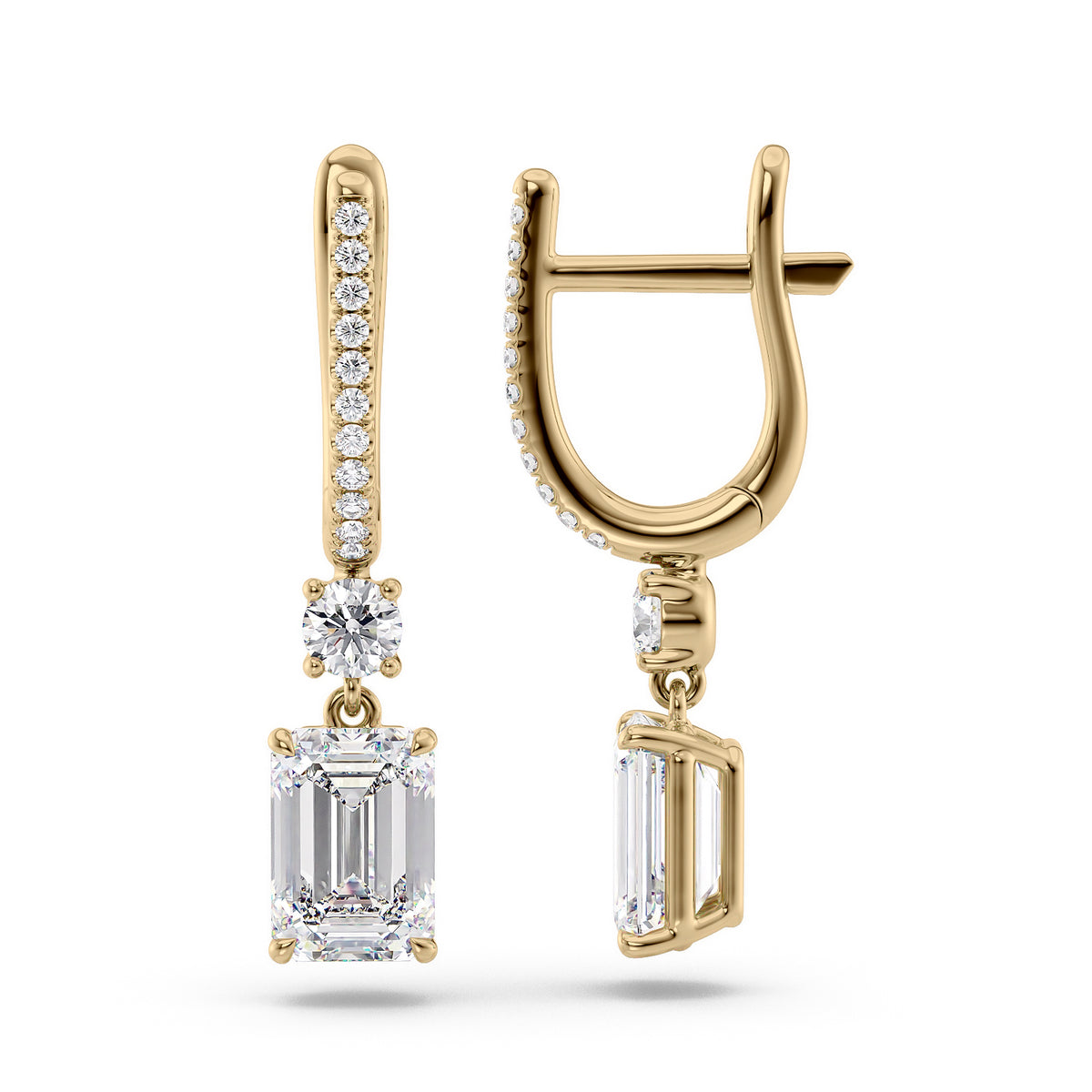 Diamond Drop Earrings Set With Emerald Lab Diamonds. A Yellow Gold Diamond Drop Earrings Set With 3tcw Emerald Lab Diamonds (1.5ct Each). White Background.