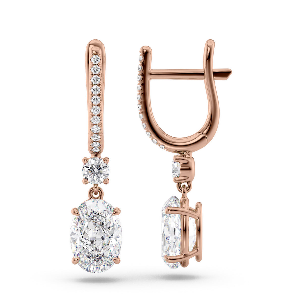 Diamond Drop Earrings Set With Oval Lab Diamonds. A Rose Gold Diamond Drop Earrings Set With 3tcw Oval Lab Diamonds (1.5ct Each). White Background.