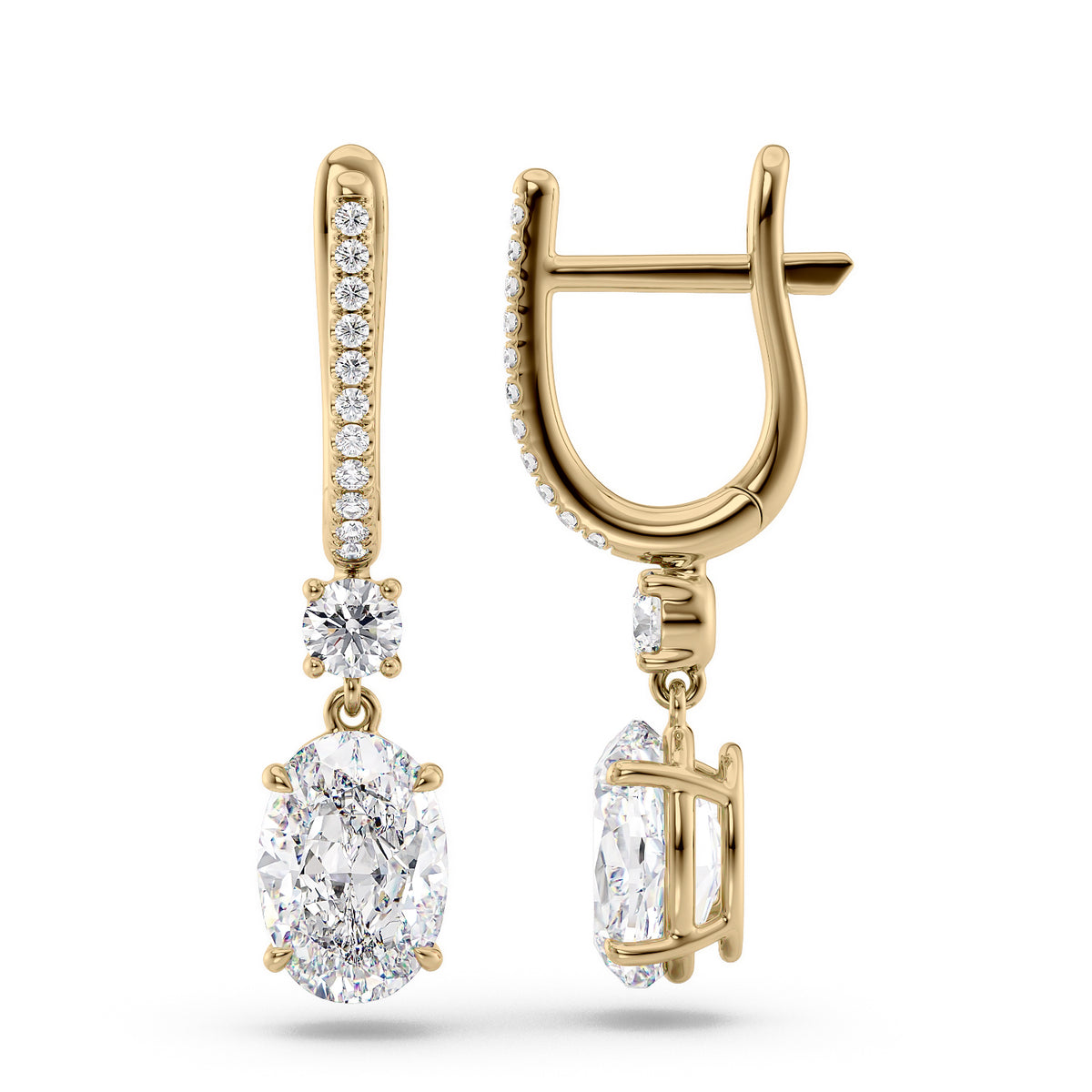 Diamond Drop Earrings Set With Oval Lab Diamonds. A Yellow Gold Diamond Drop Earrings Set With 3tcw Oval Lab Diamonds (1.5ct Each). White Background.