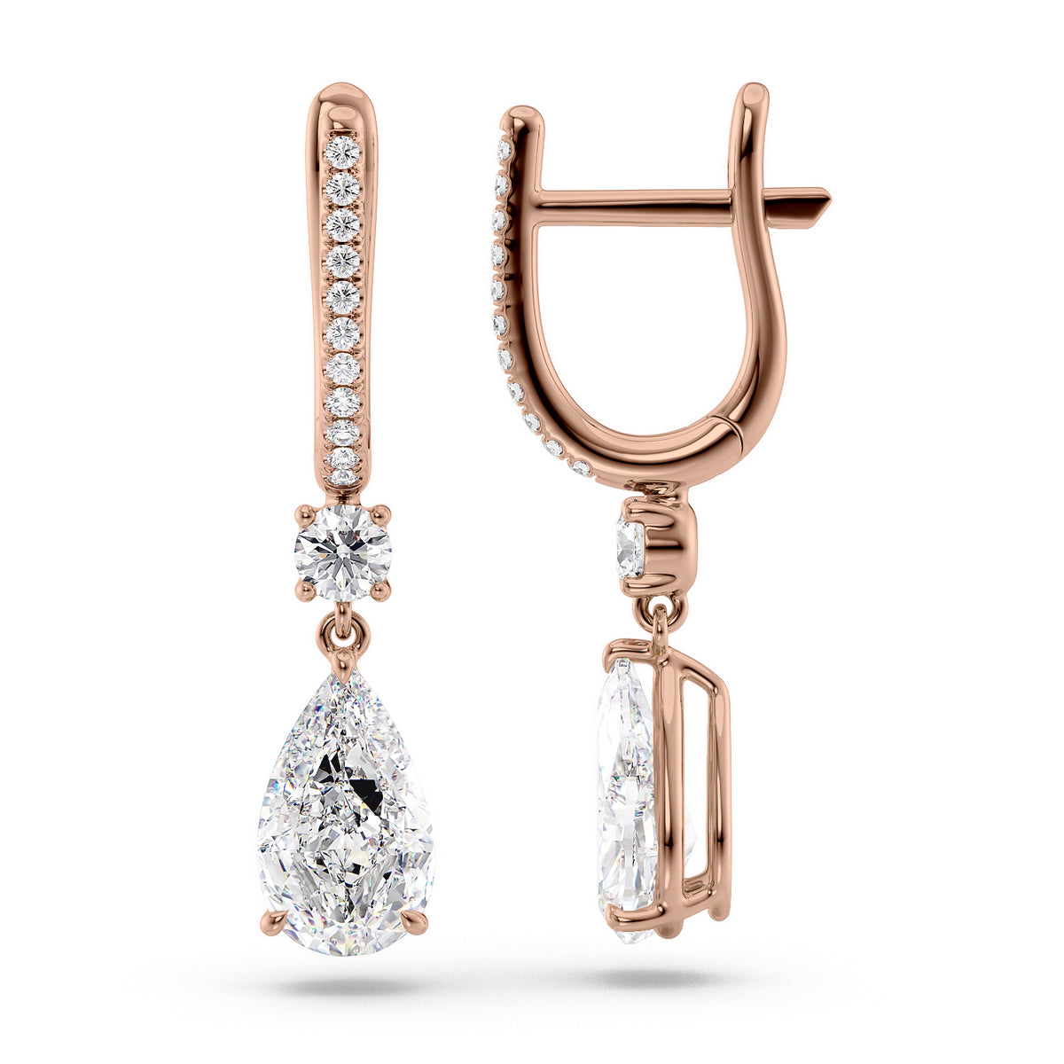 Diamond Drop Earrings Set With Pear Lab Diamonds. A Rose Gold Diamond Drop Earrings Set With 3tcw Pear Lab Diamonds (1.5ct Each). White Background.