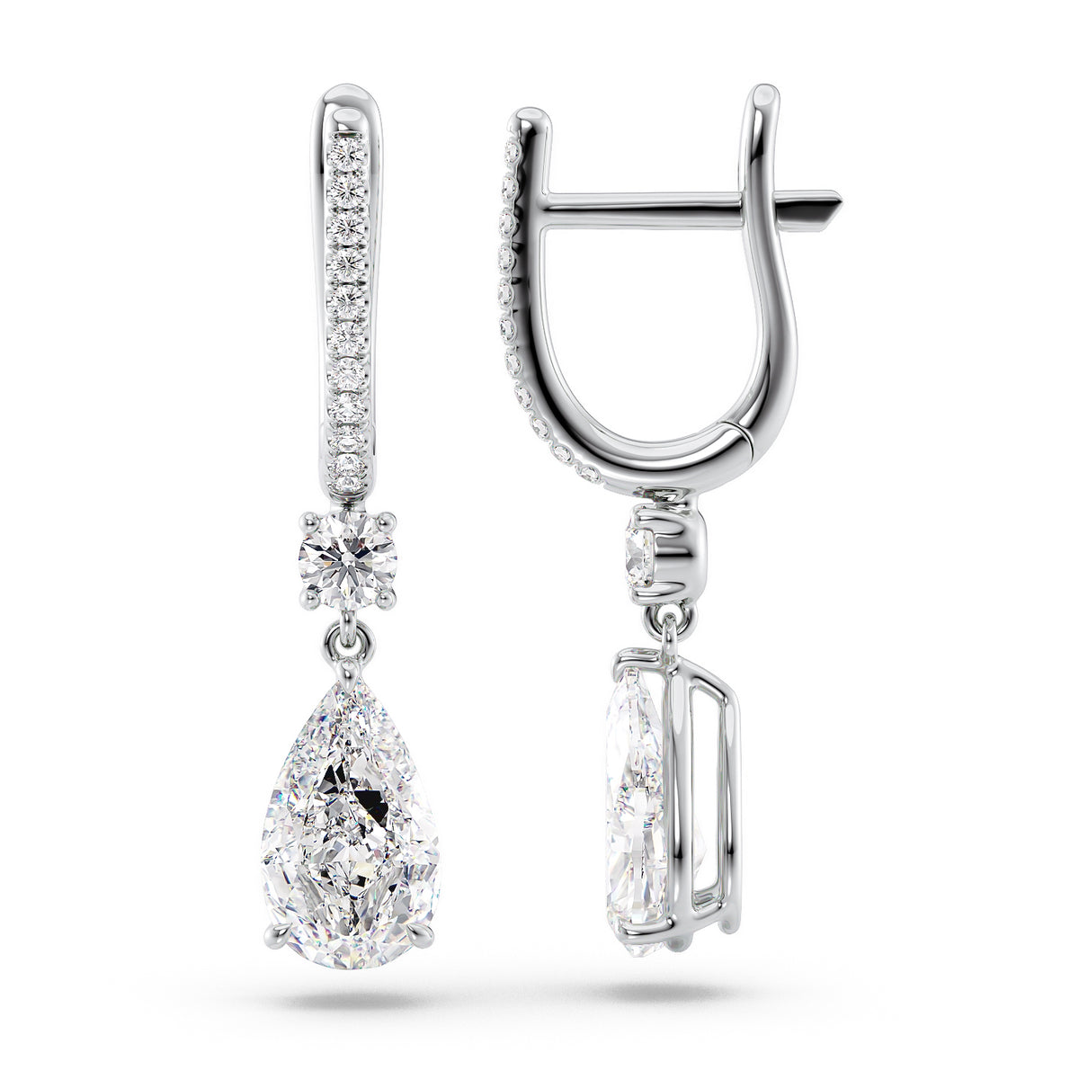 Diamond Drop Earrings Set With Pear Lab Diamonds. A White Gold Diamond Drop Earrings Set With 3tcw Pear Lab Diamonds (1.5ct Each). White Background.