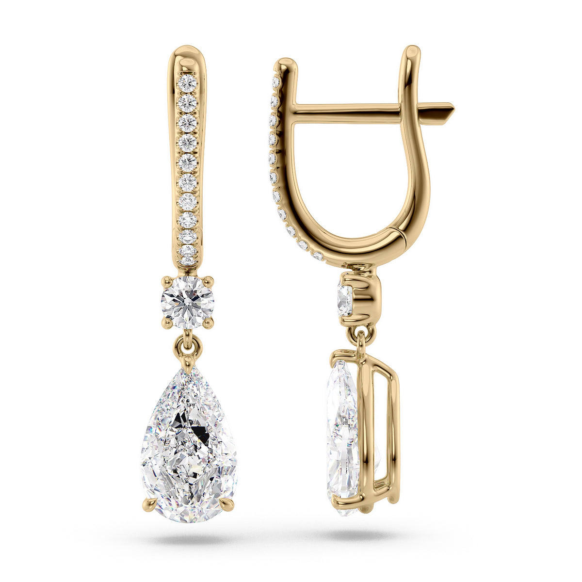 Diamond Drop Earrings Set With Pear Lab Diamonds. A Yellow Gold Diamond Drop Earrings Set With 3tcw Pear Lab Diamonds (1.5ct Each). White Background.