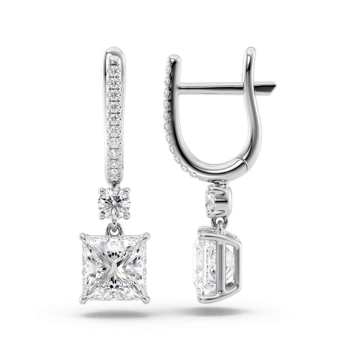 Diamond Drop Earrings Set With Princess Lab Diamonds. A White Gold Diamond Drop Earrings Set With A 3ct Pear Lab Diamond. White Background.