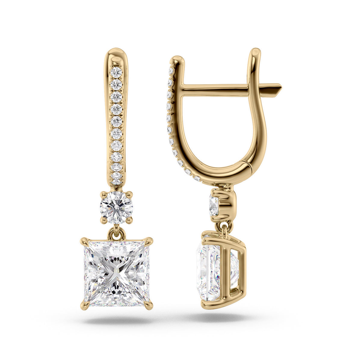 Diamond Drop Earrings Set With Princess Lab Diamonds. A Yellow Gold Diamond Drop Earrings Set With A 2ct Pear Lab Diamond. White Background.