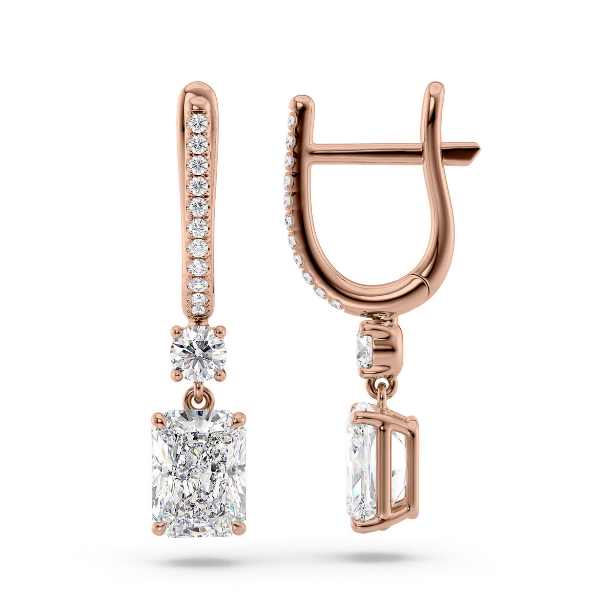Diamond Drop Earrings Set With Radiant Lab Diamonds. A Rose Gold Diamond Drop Earrings Set With A 4ct Radiant Lab Diamond. White Background.
