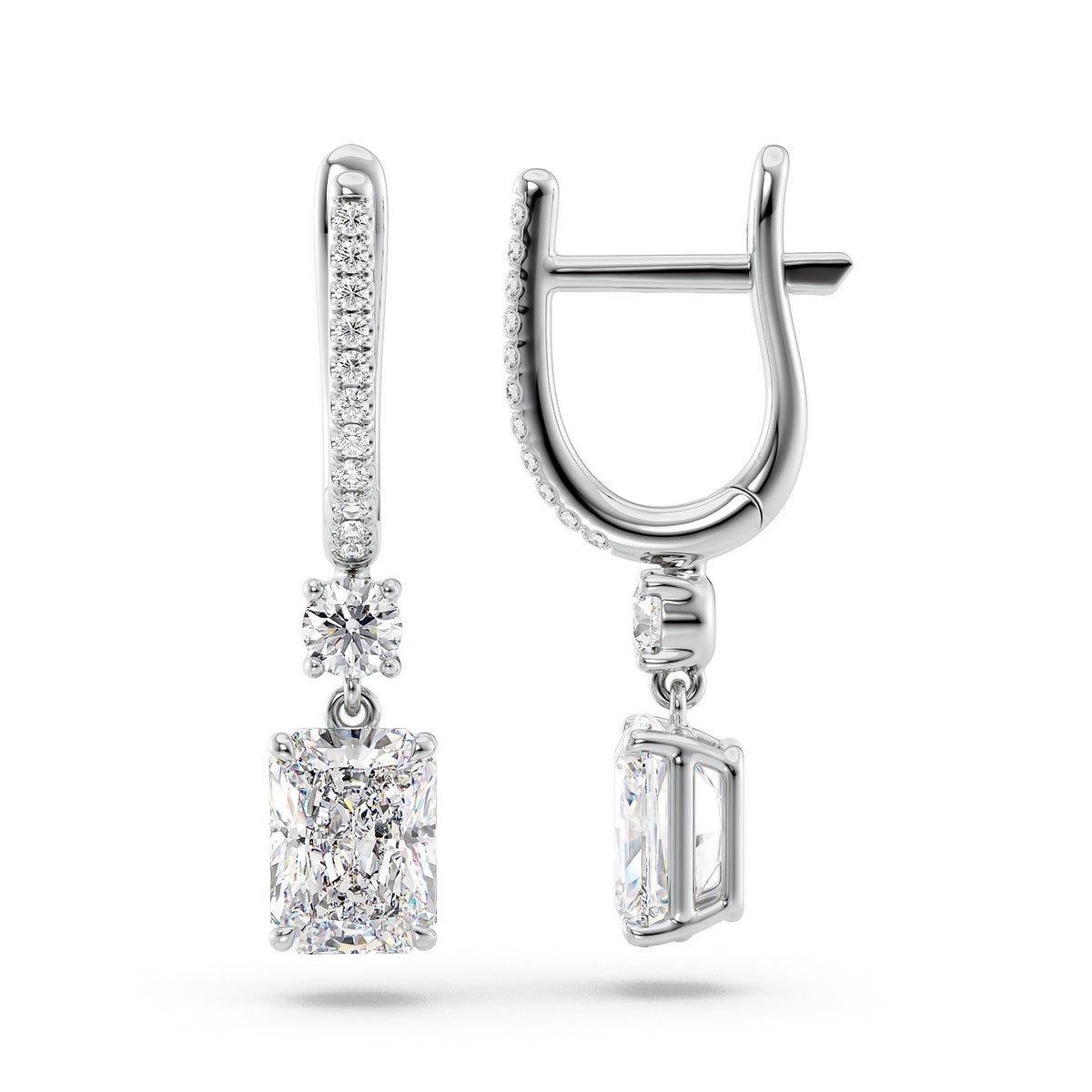 Diamond Drop Earrings Set With Radiant Lab Diamonds. A White Gold Diamond Drop Earrings Set With A 4ct Radiant Lab Diamond. White Background.