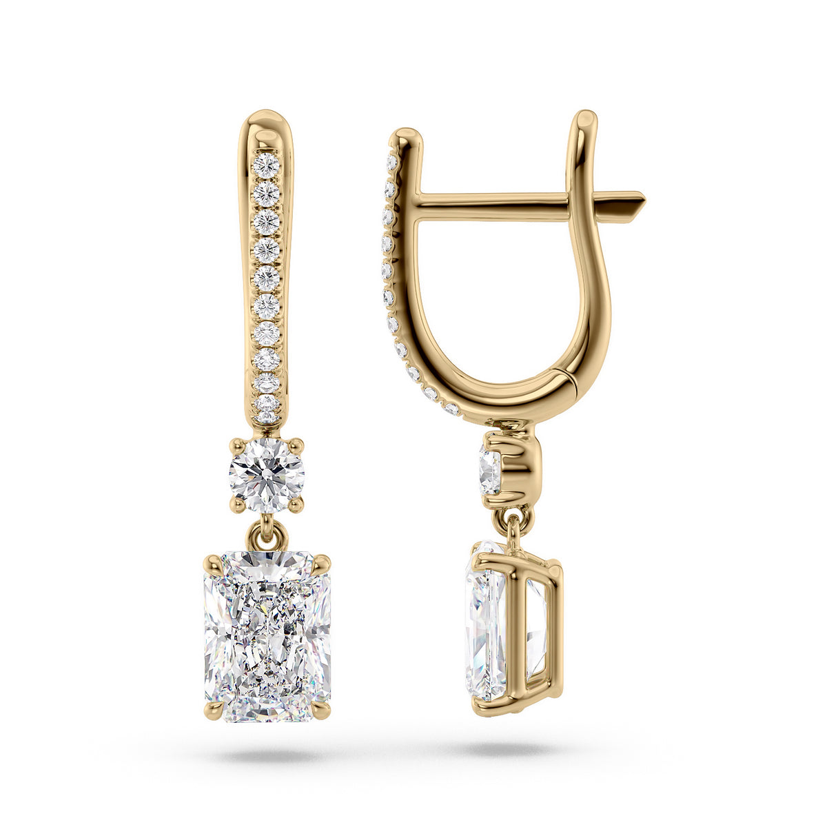Diamond Drop Earrings Set With Radiant Lab Diamonds. A Yellow Gold Diamond Drop Earrings Set With A 5ct Radiant Lab Diamond. White Background.