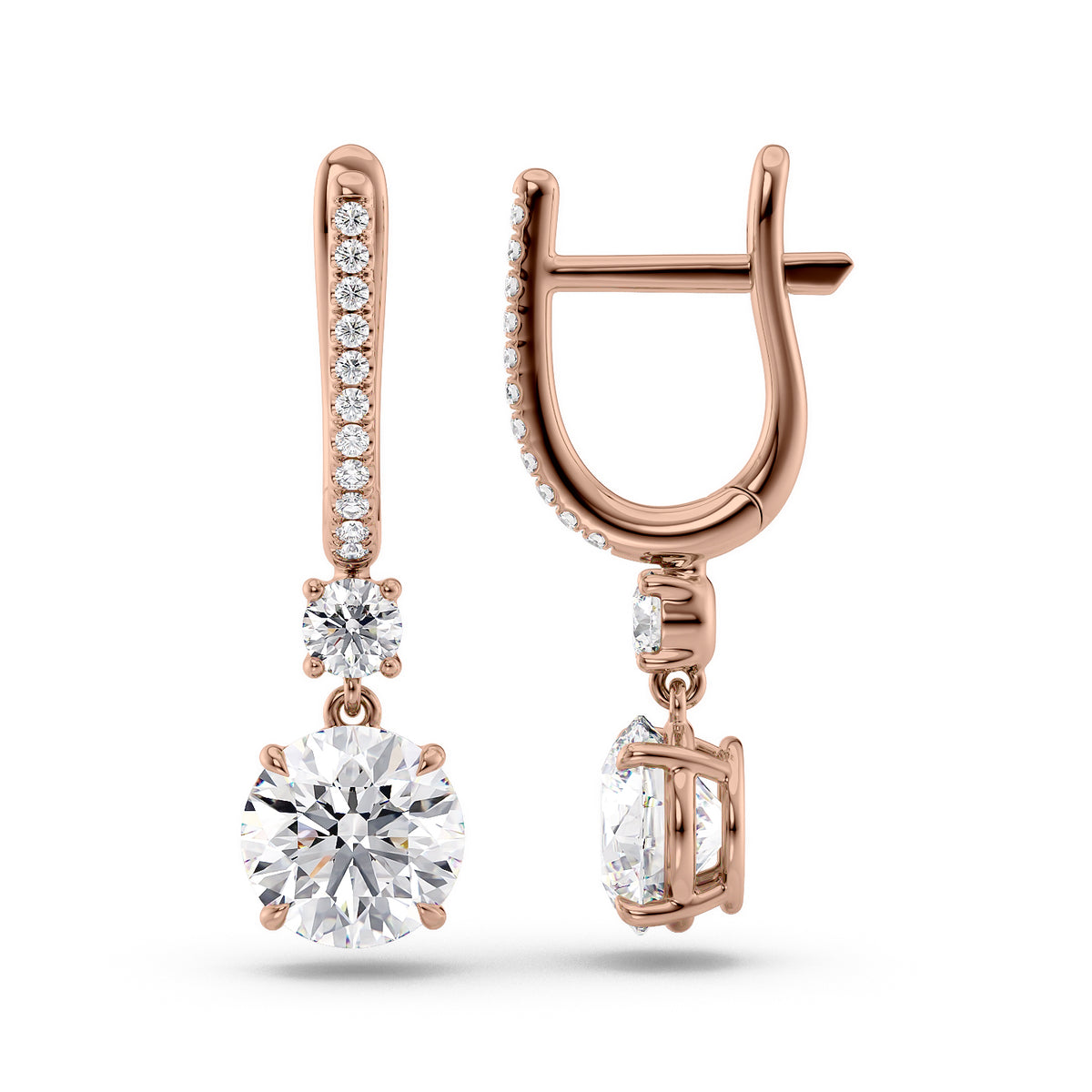 Diamond Drop Earrings Set With Round Lab Diamonds. A Rose Gold Diamond Drop Earrings Set With A 1ct Round Lab Diamond. White Background.