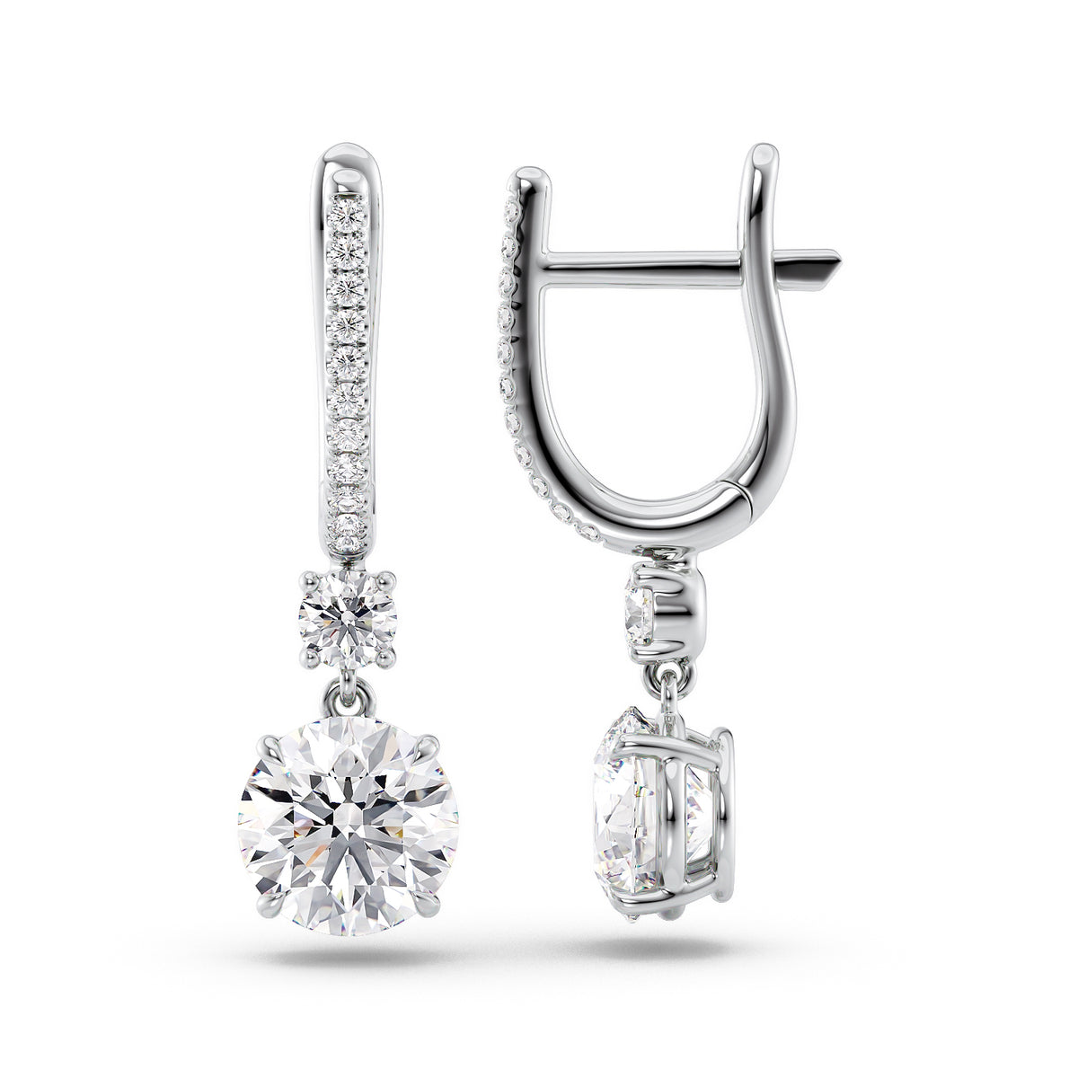 Diamond Drop Earrings Set With Round Lab Diamonds. A White Gold Diamond Drop Earrings Set With A 2ct Round Lab Diamond. White Background.