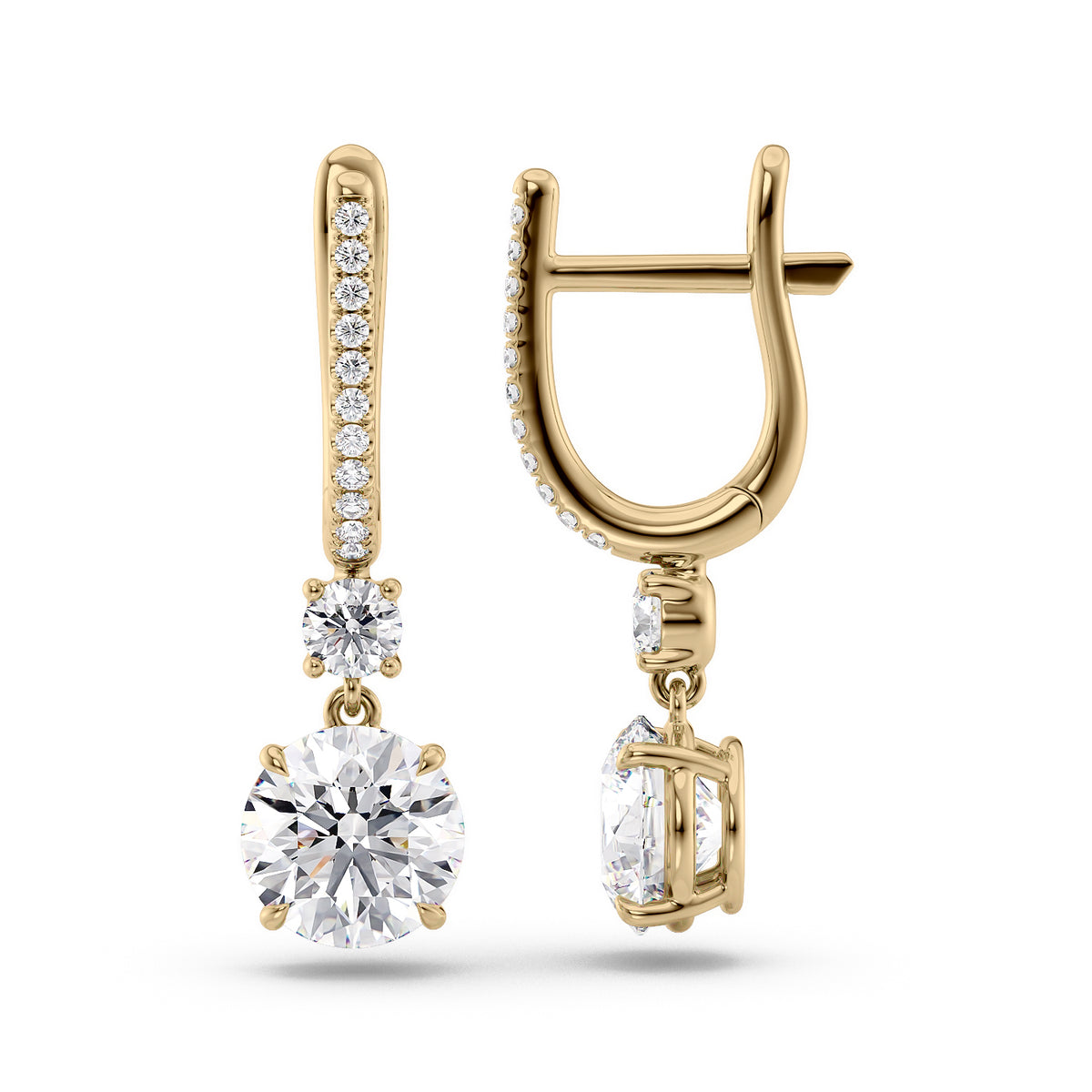 Diamond Drop Earrings Set With Round Lab Diamonds. A Yellow Gold Diamond Drop Earrings Set With 3tcw Round Lab Diamonds (1.5ct Each). White Background.