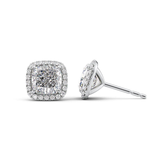 Halo Stud Earrings Set With Cushion Lab Diamonds. A White Gold Diamond Stud Earrings Set With A 1ct Cushion Lab Diamond. White Background.