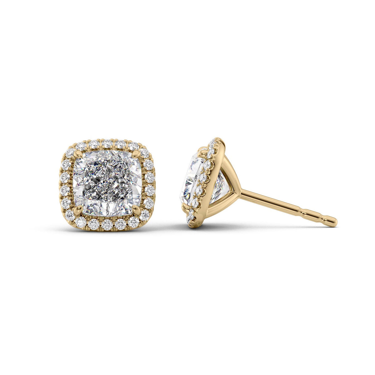 Halo Stud Earrings Set With Cushion Lab Diamonds. A Yellow Gold Diamond Stud Earrings Set With A 4ct Cushion Lab Diamond. White Background.