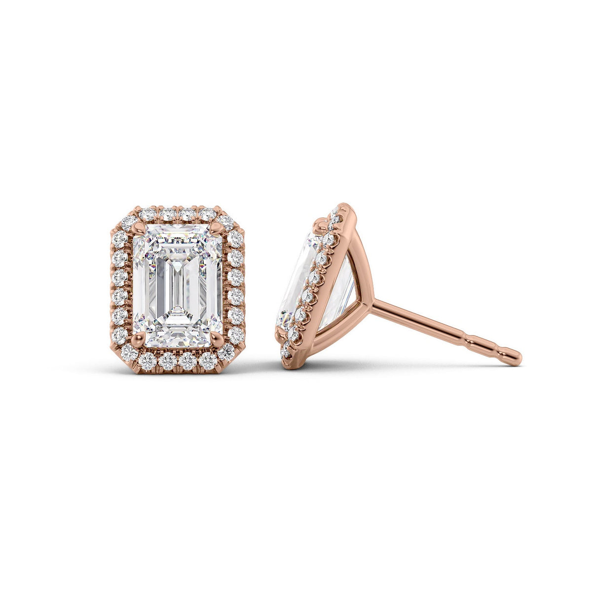 Halo Stud Earrings Set With Emerald Lab Diamonds. A Rose Gold Diamond Stud Earrings Set With A 5ct Emerald Lab Diamond. White Background.