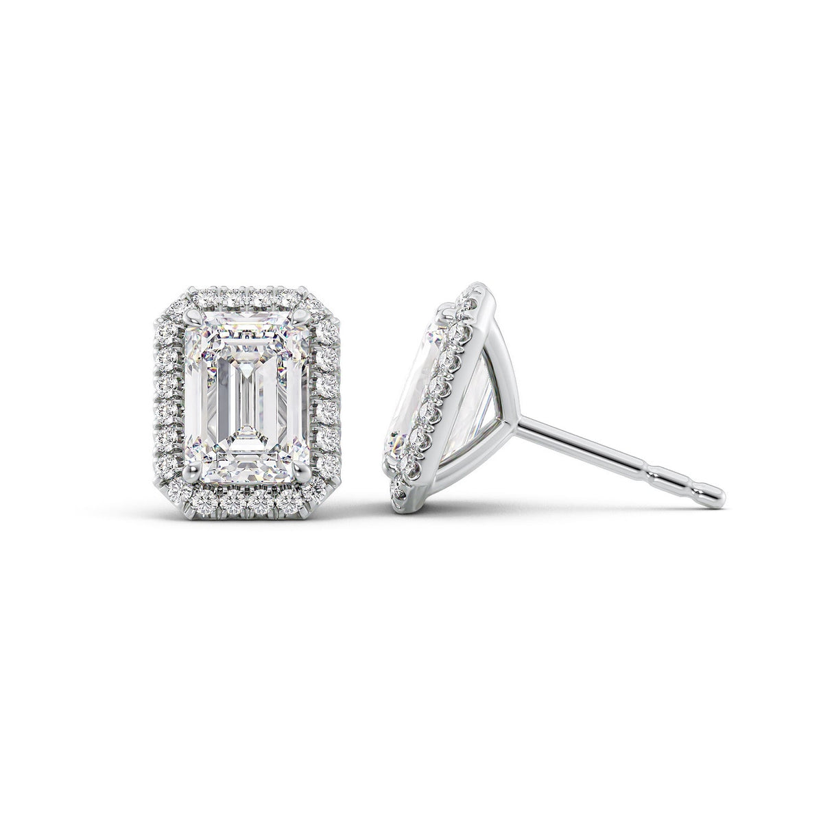 Halo Stud Earrings Set With Emerald Lab Diamonds. A White Gold Diamond Stud Earrings Set With A 4ct Emerald Lab Diamond. White Background.