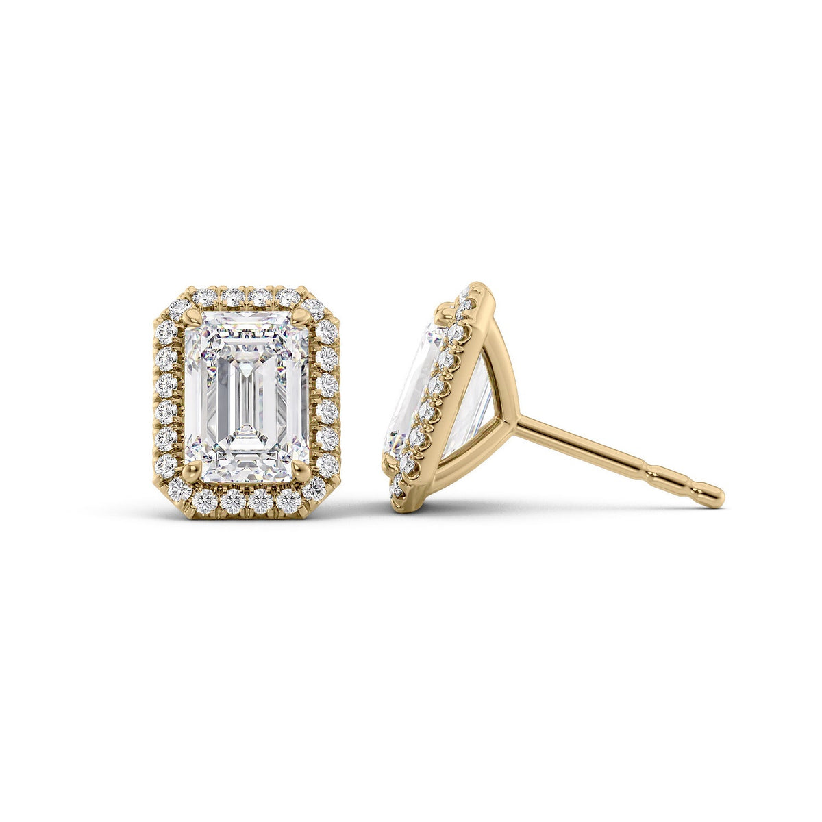 Halo Stud Earrings Set With Emerald Lab Diamonds. A Yellow Gold Diamond Stud Earrings Set With A 3ct Emerald Lab Diamond. White Background.