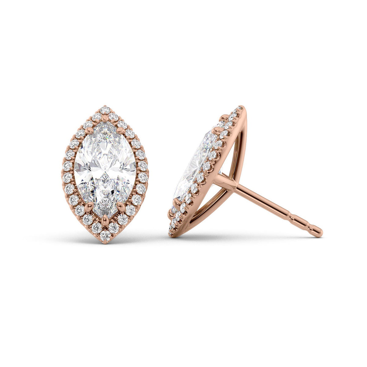 Halo Stud Earrings Set With Marquise Lab Diamonds. A Rose Gold Diamond Stud Earrings Set With A 2ct Marquise Lab Diamond. White Background.