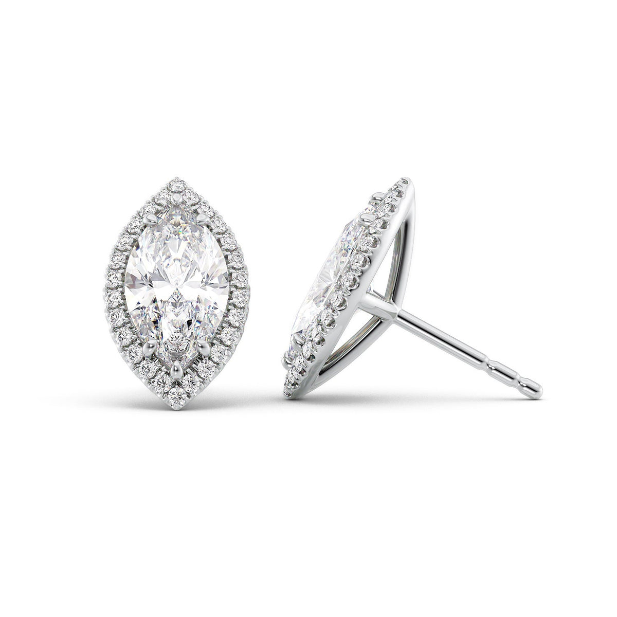 Halo Stud Earrings Set With Marquise Lab Diamonds. A White Gold Diamond Stud Earrings Set With A 2ct Marquise Lab Diamond. White Background.
