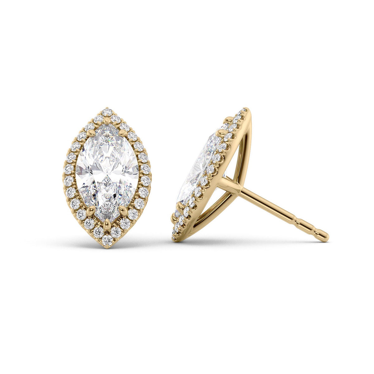 Halo Stud Earrings Set With Marquise Lab Diamonds. A Yellow Gold Diamond Stud Earrings Set With A 4ct Marquise Lab Diamond. White Background.