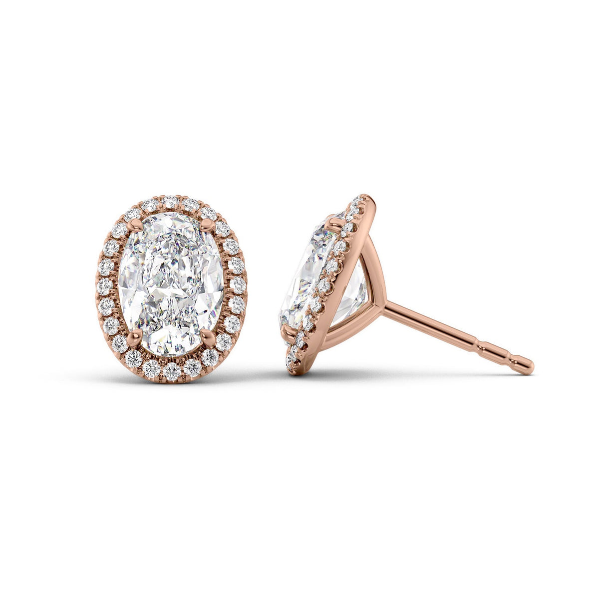 Halo Stud Earrings Set With Oval Lab Diamonds. A Rose Gold Diamond Stud Earrings Set With A 4ct Oval Lab Diamond. White Background.